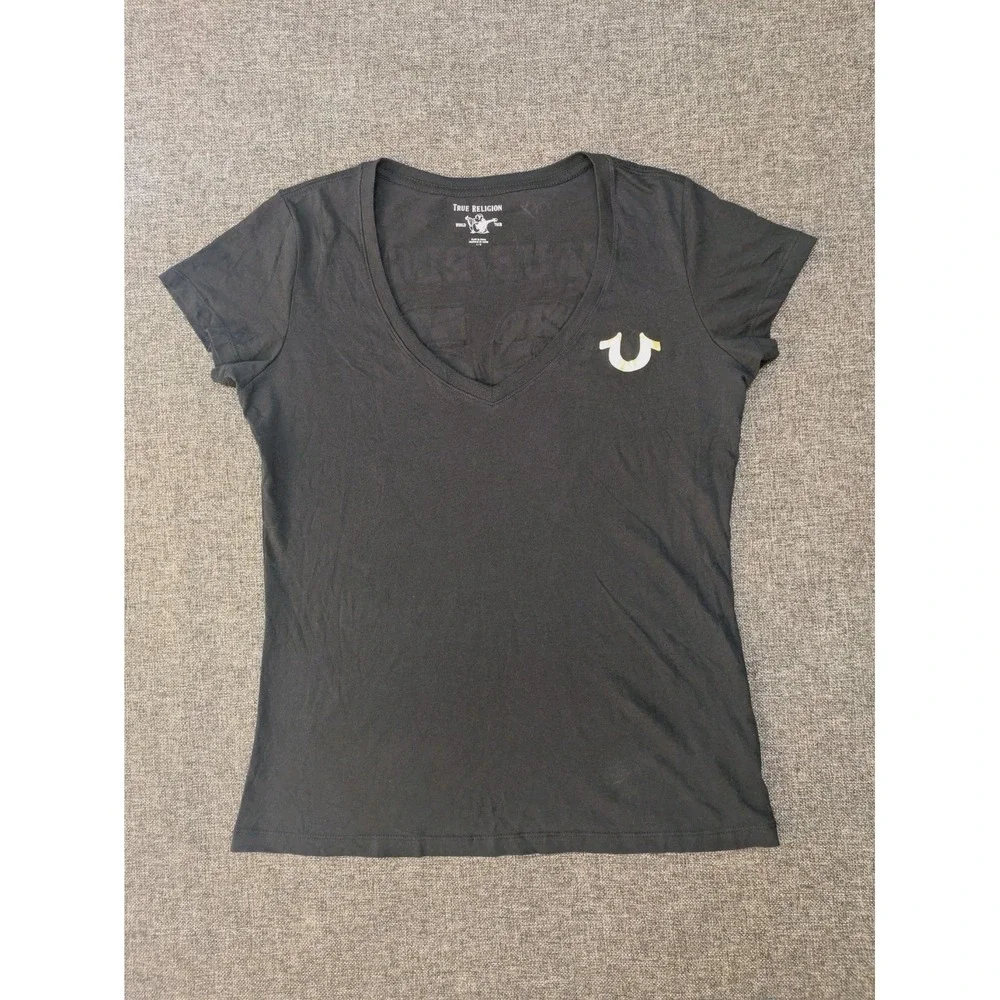 True Religion 02 Brand‎ Jeans Gold Black V-Neck T Shirt Women's LARGE L Top